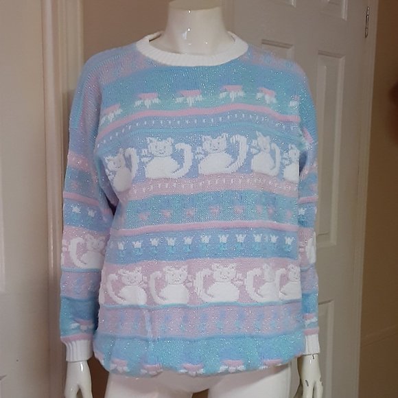 Rose Sweaters - Vintage Rose Fairy Kei Kawaii Sparkly Pastel Kitty Sweater